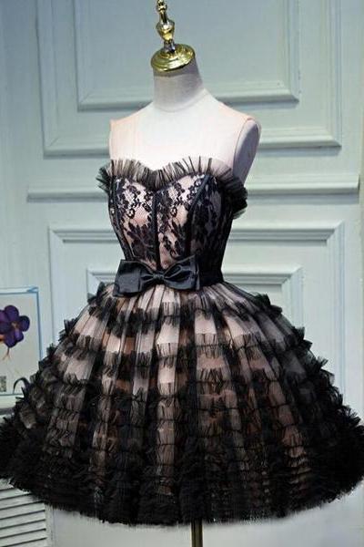 Lovely Pink and Black Short Party Dress with Bow, Cute Black Homecoming Dresses