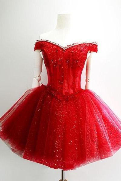 Adorable Red Sweetheart Shiny Tulle Off Shoulder Short Homecoming Dress, Red Party Dress