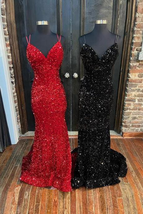 Sparkly Red Sequin Mermaid Prom Dresses,elegant Evening Gown,wedding Party Dress
