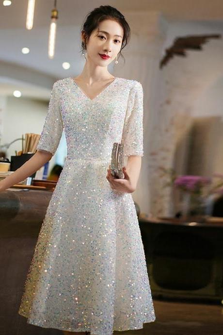 Glitter White Short Wedding Party Dress,A Line Gala Dress,Formal Dresses with Sleeves