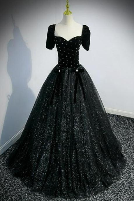 Black Short Sleeves Shiny Tulle Long Party Dress,ball Gown Formal Dresses,quinceanera Dress
