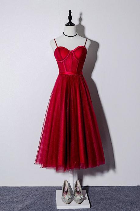 Vintage Spaghetti Straps Homecoming Dresses,lace Up Burgundy Tea Length Prom Dress