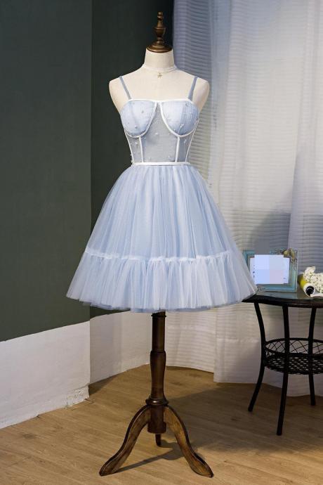 Sky Blue Beaded Lace Up Homecoming Dres,ball Gown Tulle Cocktail Dresses