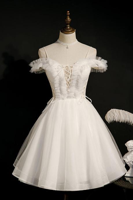 Ivory Spaghetti Strap Beaded Tulle Short Homecoming Dress,wedding Party Dress