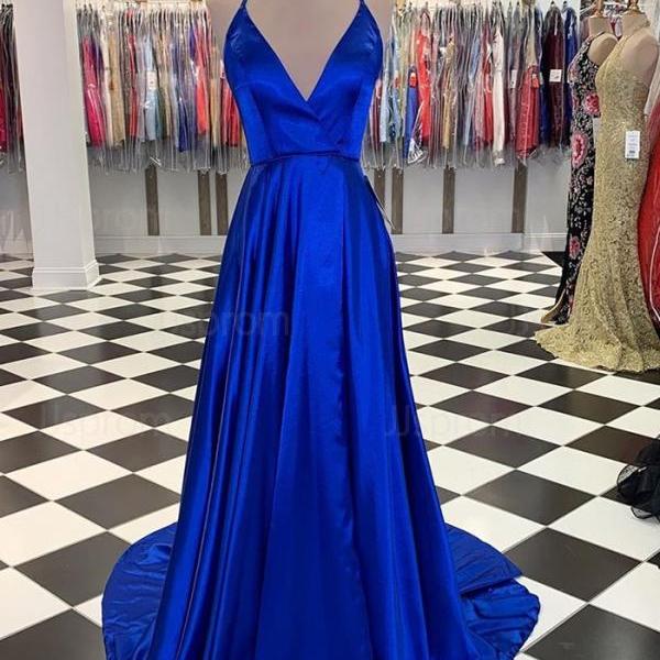 Simple Blue Satin Halter A-line Long Prom Dress With Slit on Luulla