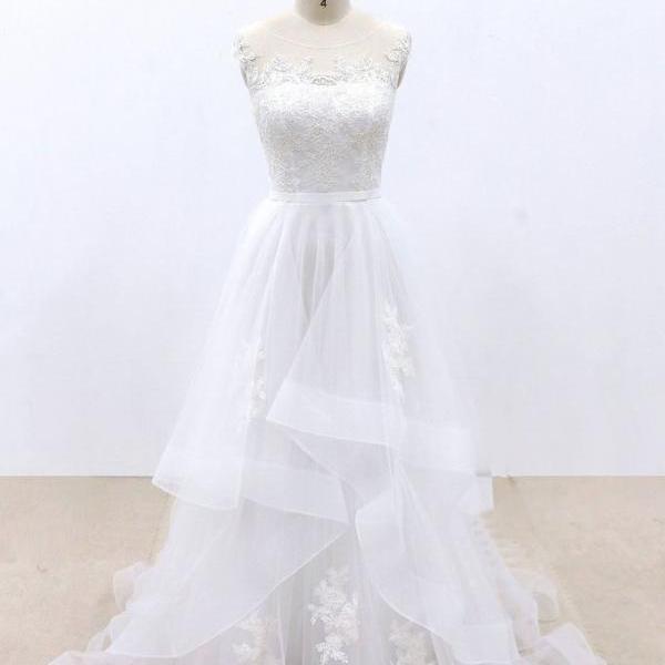 White Tulle Lace Round Neck Long A Line Prom Dress, Lace Wedding Dress