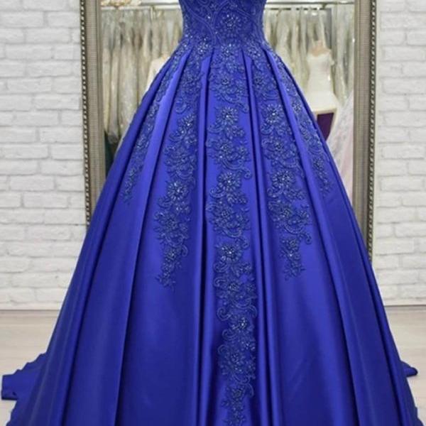 Satin Strapless Ball Gown Classic Beaded Appliqued Dress Ocean Blue
