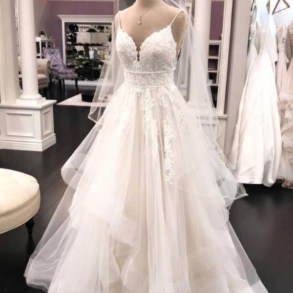 Sexy Ivory Long A-line V-neck Spaghetti Straps Tulle Wedding Dress main image 0