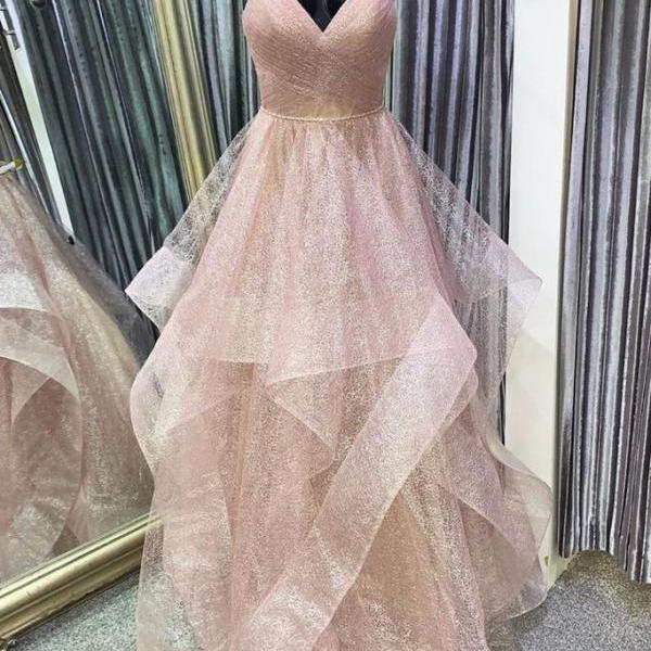 A-line V Neck Spaghetti Straps Ruffles Layers Tulle Wine Prom Dress