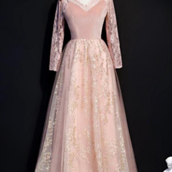 Design Pink Lace Dress Long Sleeve Formal Prom Dresses on Luulla