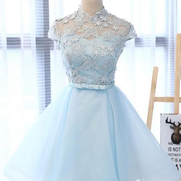 Simple Light Blue Tulle High Neck Short Prom Dress, Homecoming Dress With Applique
