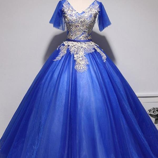 V Back Royal Blue Lace Tulle Short Knee Length Prom Party Dress