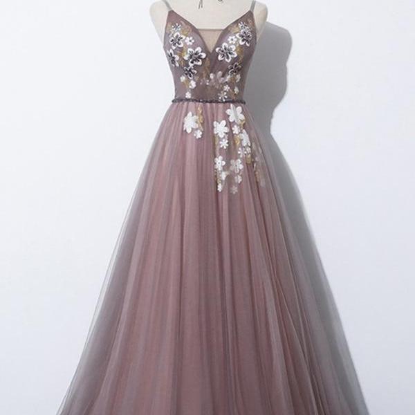 White v neck beads tulle long prom dress, elegant evening dress main image 1