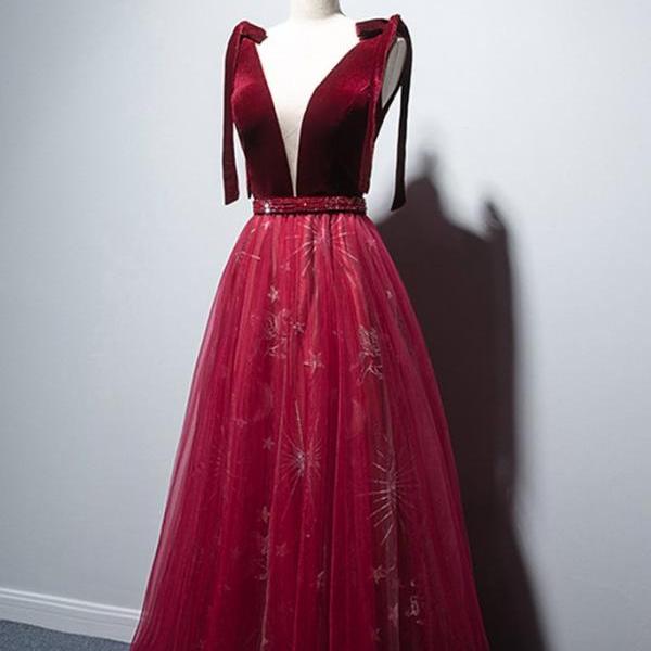 Unique Burgundy Velvet Floral Tulle V Neck Long Prom Dress, Formal ...
