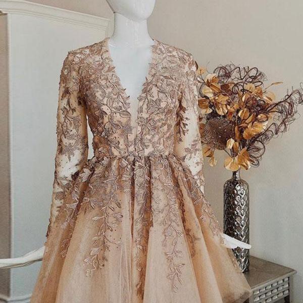 Champagne V Neck Long Sleeves Lace Short Prom Dresses,Long Sleeves Champagne Lace Homecoming Dresses,Champagne Lace Formal Graduation Evening Dresses