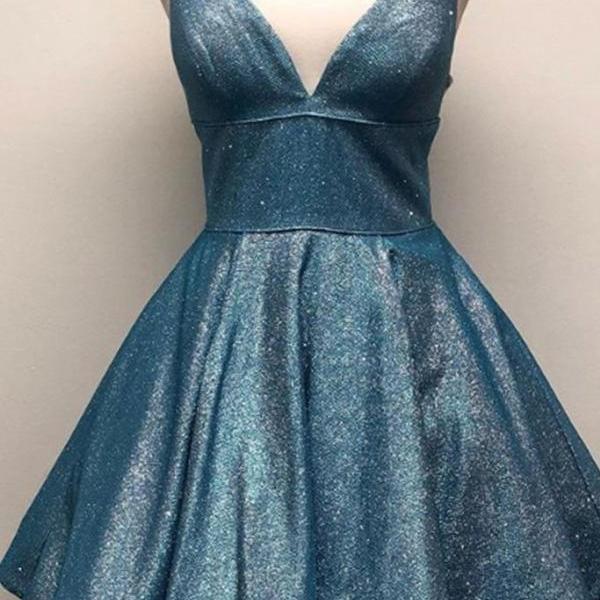 Spaghetti Straps V Neck A Line Short Prom Homecoming Dress With Pockets ...