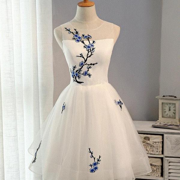 White A-line tulle short prom dress,white evening dress