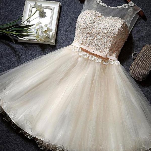 Cute a line Short Champagne Lace Homecoming Dresses Cocktail Dress
