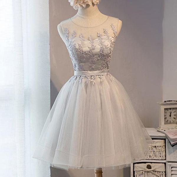 Cute gray lace tulle short prom dress,homecoming dress