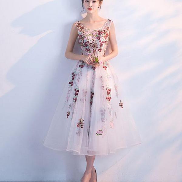 White Lace A-Line Tea Length Evening Prom Dress
