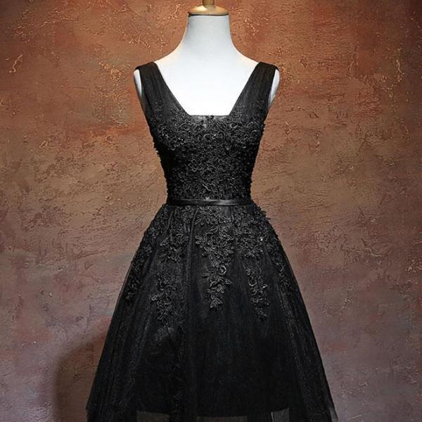 Black v neck tulle short black homecoming dress C661 main image 0