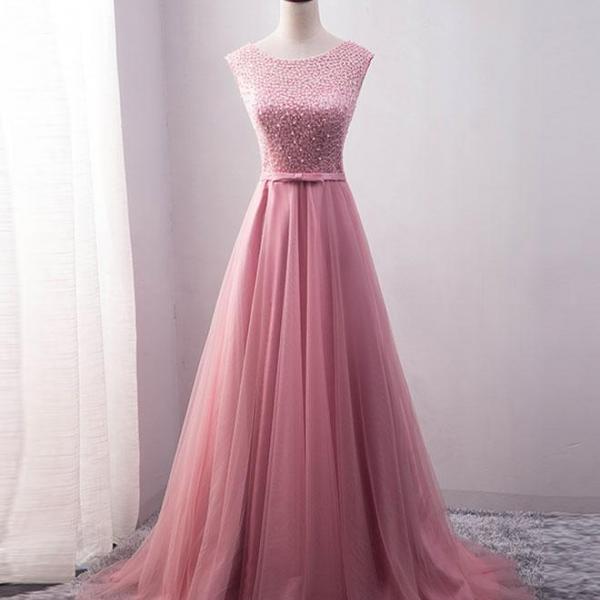 Pink A line tulle long prom dress, pink tulle formal dress – shdress