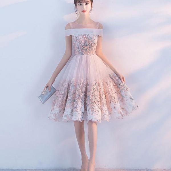 kawaii homecoming dress Cute Pink Off Shoulder Lace Short Homecoming Dresses PH394 main image 0