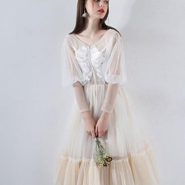 Cute tulle lace champagne short prom dress,champagne homecoming dress