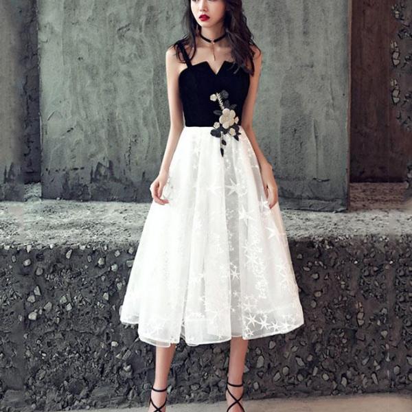 Tea Length Dress With White Top And Black Bottom Cute Black And White Short Prom  Dress,