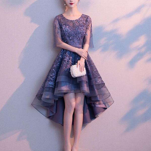 Purple tulle lace short prom dress,purple evening dress