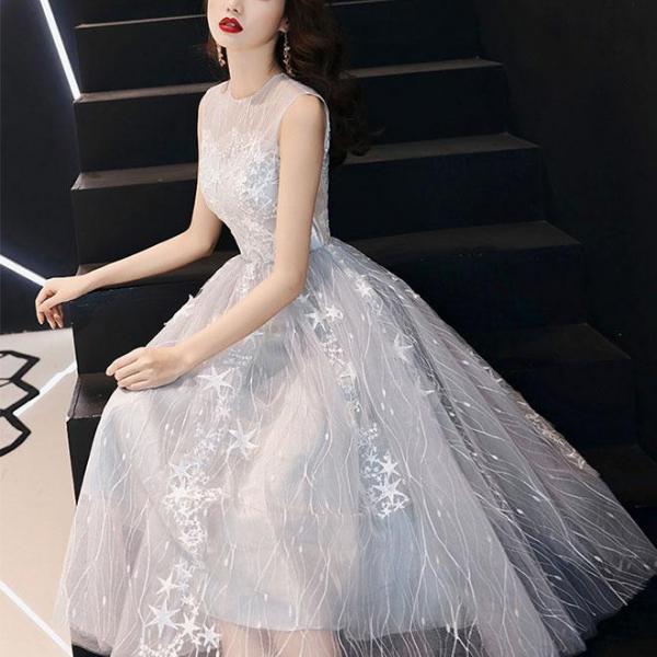 Gray Tulle Lace Short Prom Dress, Gray Tulle Lace Short Homecoming Dress