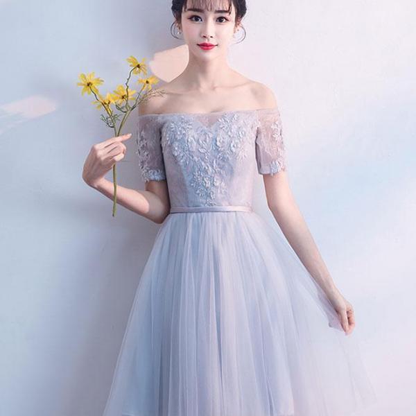 Cute gray tulle lace short prom dress, gray evening dress main image 0