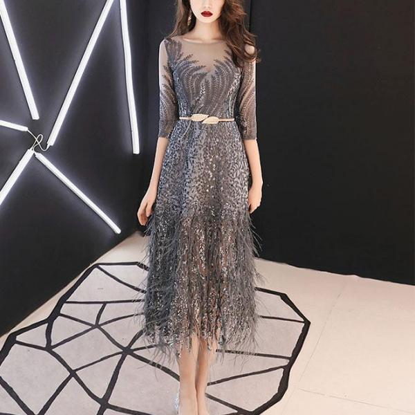 Unique gray lace short prom dress gray tulle lace evening dress