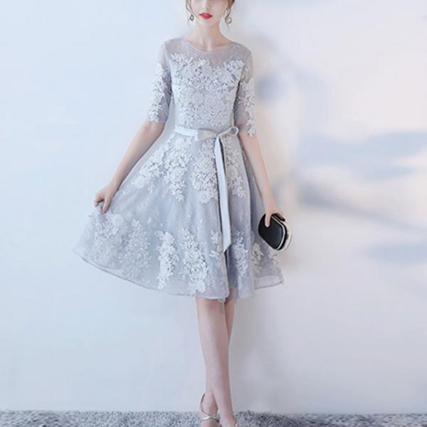 Gray round neck tulle lace short prom dress gray homecoming dress