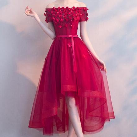 Cute Dark Red Tulle and Lace High Low Homecoming Dress, Short Party Dress