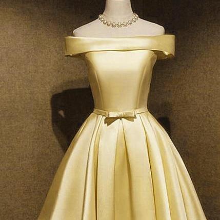 Light Yellow Satin Off Shoulder Knee Length Party Dress Prom Dress, Short Homecoming Dress