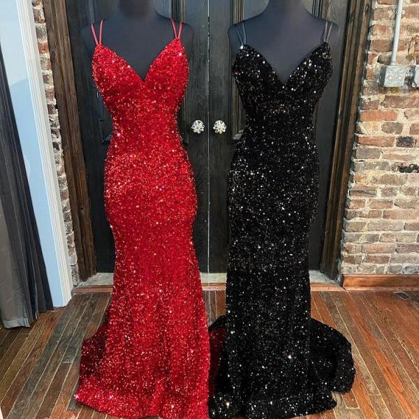 Sparkly Red Sequin Mermaid Prom Dresses,Elegant Evening Gown,Wedding Party Dress