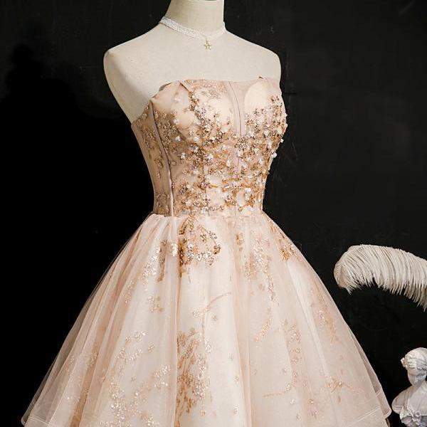 Champagne Strapless Sequins Tulle Short Homecoming Dress,Semi Formal Dresses