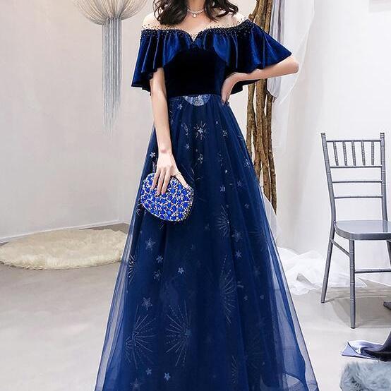 Navy Blue Velvet And Tulle Floor Length Evening Dress Party Dress, Blue Junior Prom Dresses