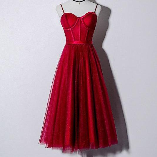 Vintage Spaghetti Straps Lace Up Burgundy Tea Length Homecoming Dresses Prom Dress
