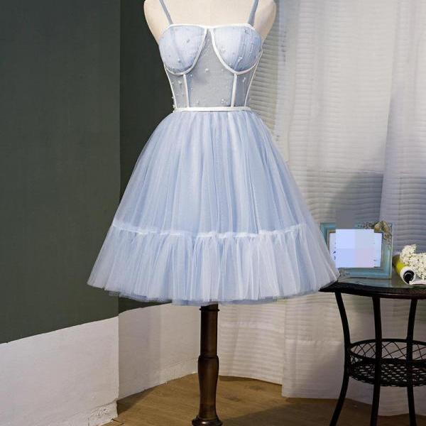 Sky Blue Beaded Lace Up Ball Gown Tulle Homecoming Dres,Cocktail Dresses