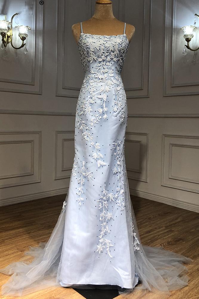 Light Blue Tulle Lace Appliques Long Mermaid Prom Dress, Open Back ...