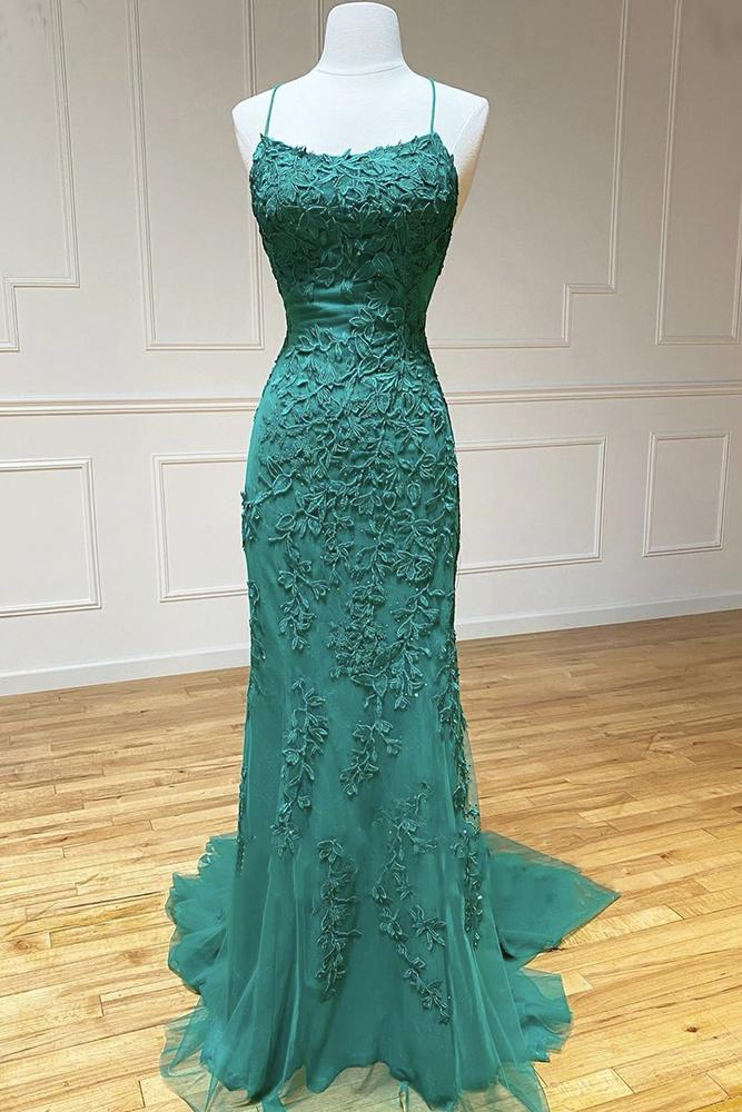 Green Lace Tulle Spaghetti Strap Long Mermaid Prom Dresses Crystal ...