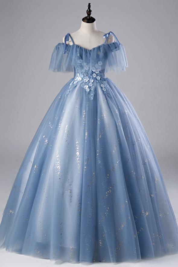 Blue Tulle Spaghetti Straps Long Formal Prom Dress Ball Gown on Luulla
