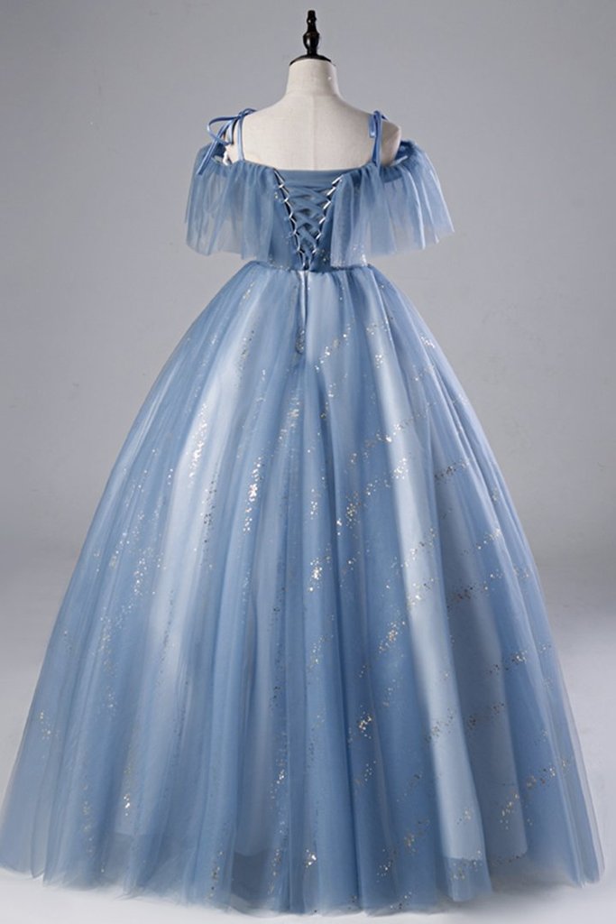 Blue Tulle Spaghetti Straps Long Formal Prom Dress Ball Gown on Luulla