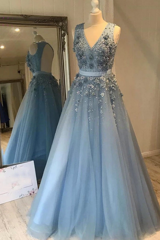 Romantic Tulle Lace V Back Sky Blue See Through Prom Dress Formal Dress