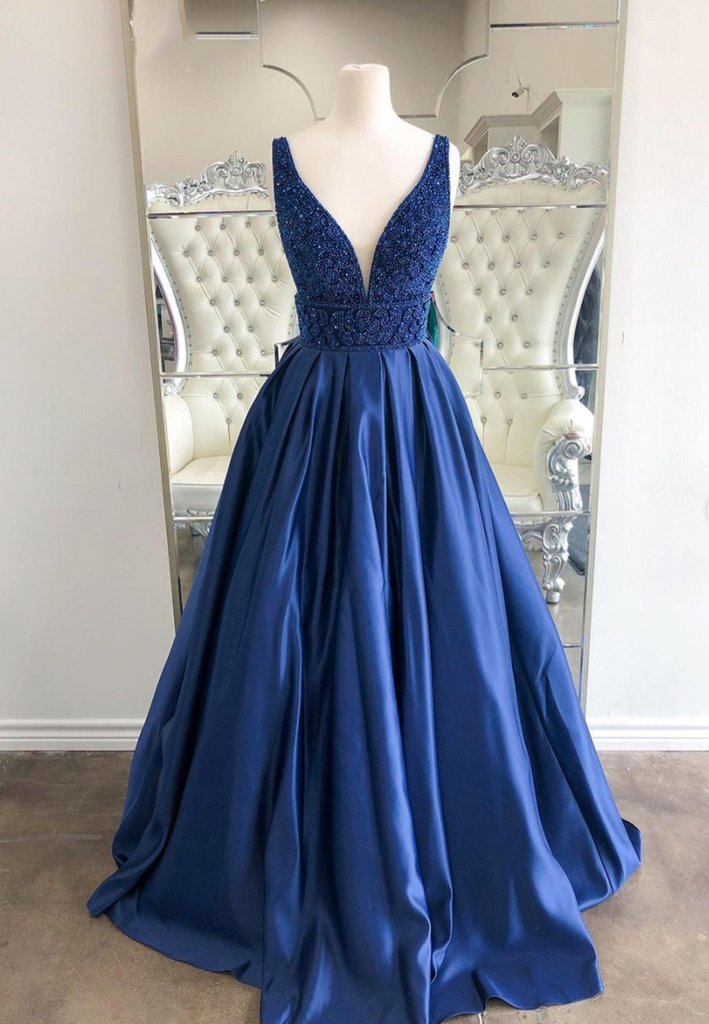 V-Neck Satin Gown with Pleated Off-Shoulder Detail Navy Blue main image 1