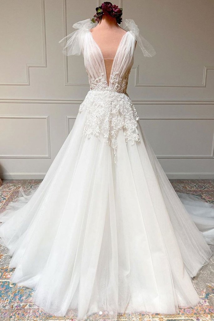 Simple A Line V Neck White Wedding Dresses, V Neck White Tulle Prom Formal Dresses
