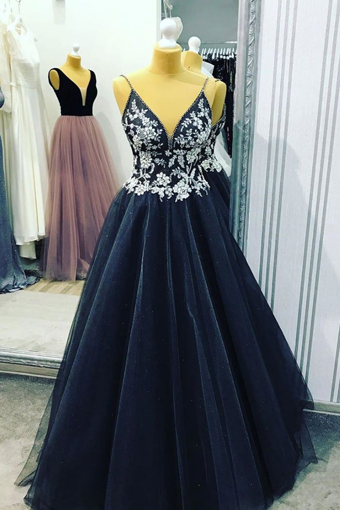 Navy Blue Tulle V Neck Long Dress Customize Line Applique Prom Dress on ...