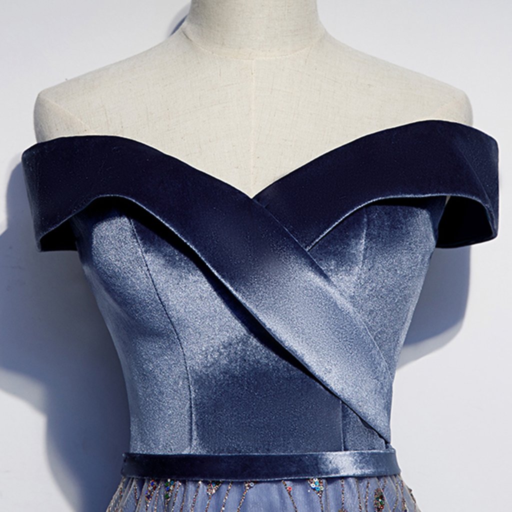 Deep Blue Satin Long Tulle A Line Off Shoulder Prom Dress, Evening ...